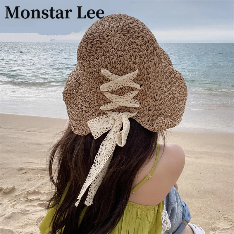 Monstar Lee帽子女草帽夏薄款透气蕾丝蝴蝶结镂空小清新防晒遮阳