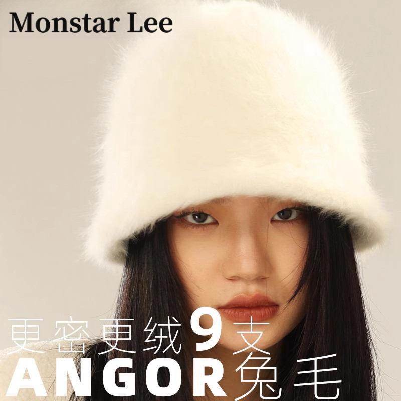 Monstar Lee毛茸茸兔毛渔夫帽女秋冬水桶帽显脸小大头围米白色帽