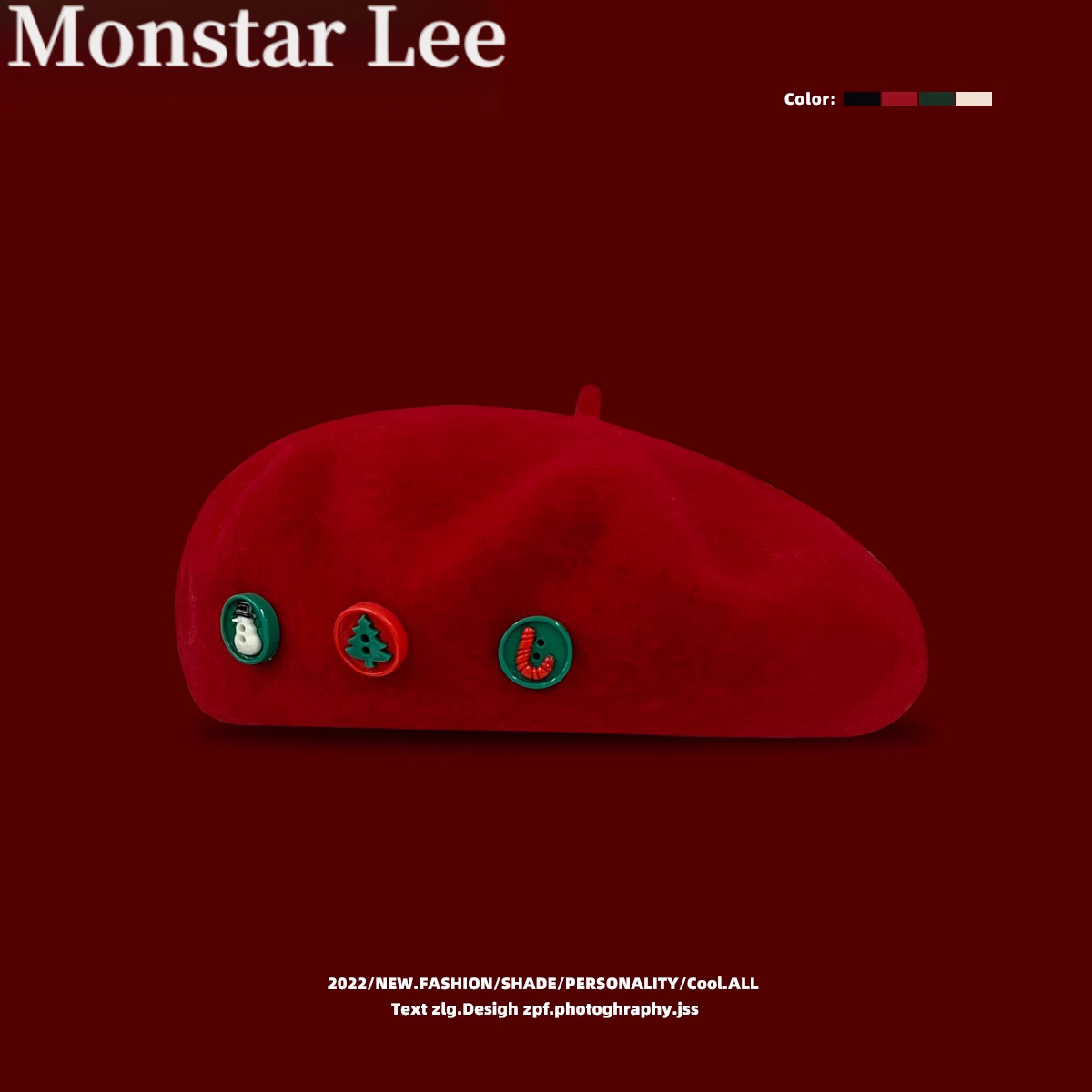 Monstar Lee节日氛围感圣诞节礼物红色羊毛贝雷帽子女秋冬画家帽