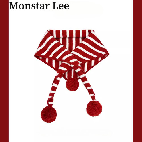 MonstarLee韩版可爱球球红色条纹三角围巾女秋冬保暖百搭披肩围脖