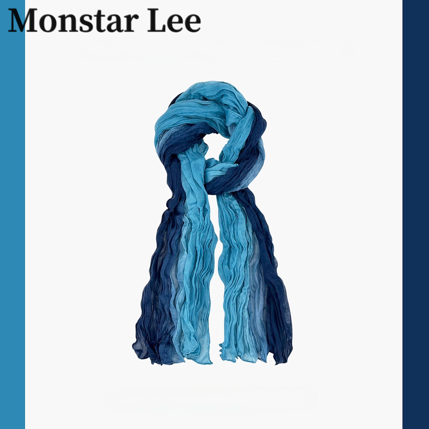 Monstar Lee森系扎染渐变褶皱围巾女川西废土风蓝色薄款丝巾披肩