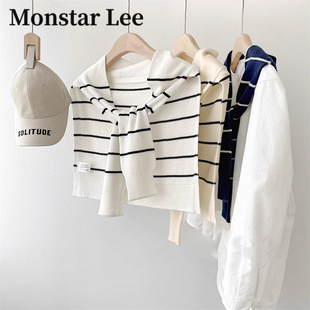 Monstar Lee博主同款复古宋慧乔针织条纹披肩外披坎肩围巾假领子