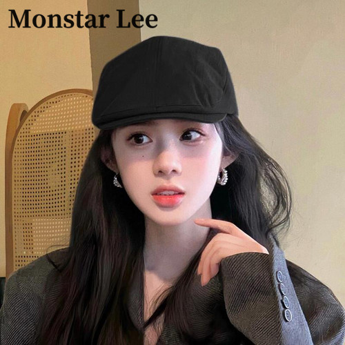 Monstar Lee黑色报童帽女夏复古日系时尚休闲反戴前进帽画家帽子