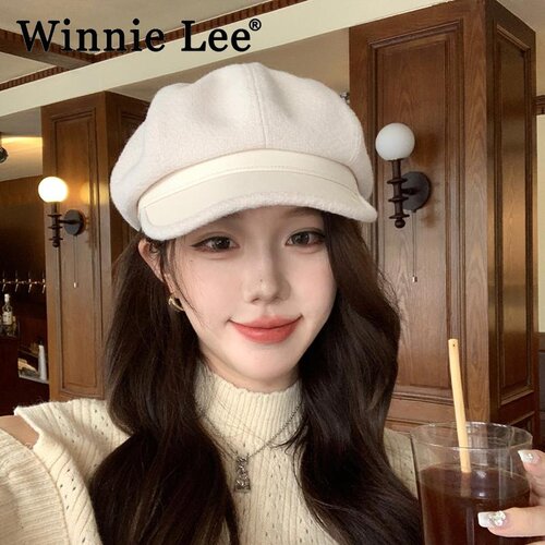 Monstar Lee八角帽女冬时尚韩版白色毛绒保暖显脸小贝雷画家帽子