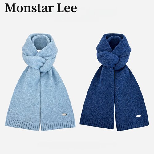 MonstarLee高级感蓝色系极简纯色针织围巾男冬韩系情侣保暖围脖女