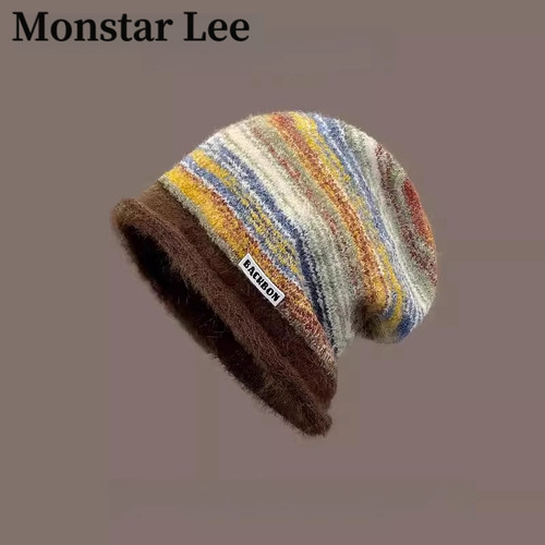 Monstar Lee日系堆堆帽子女冬大头围防寒保暖混色卷边毛线帽冷帽