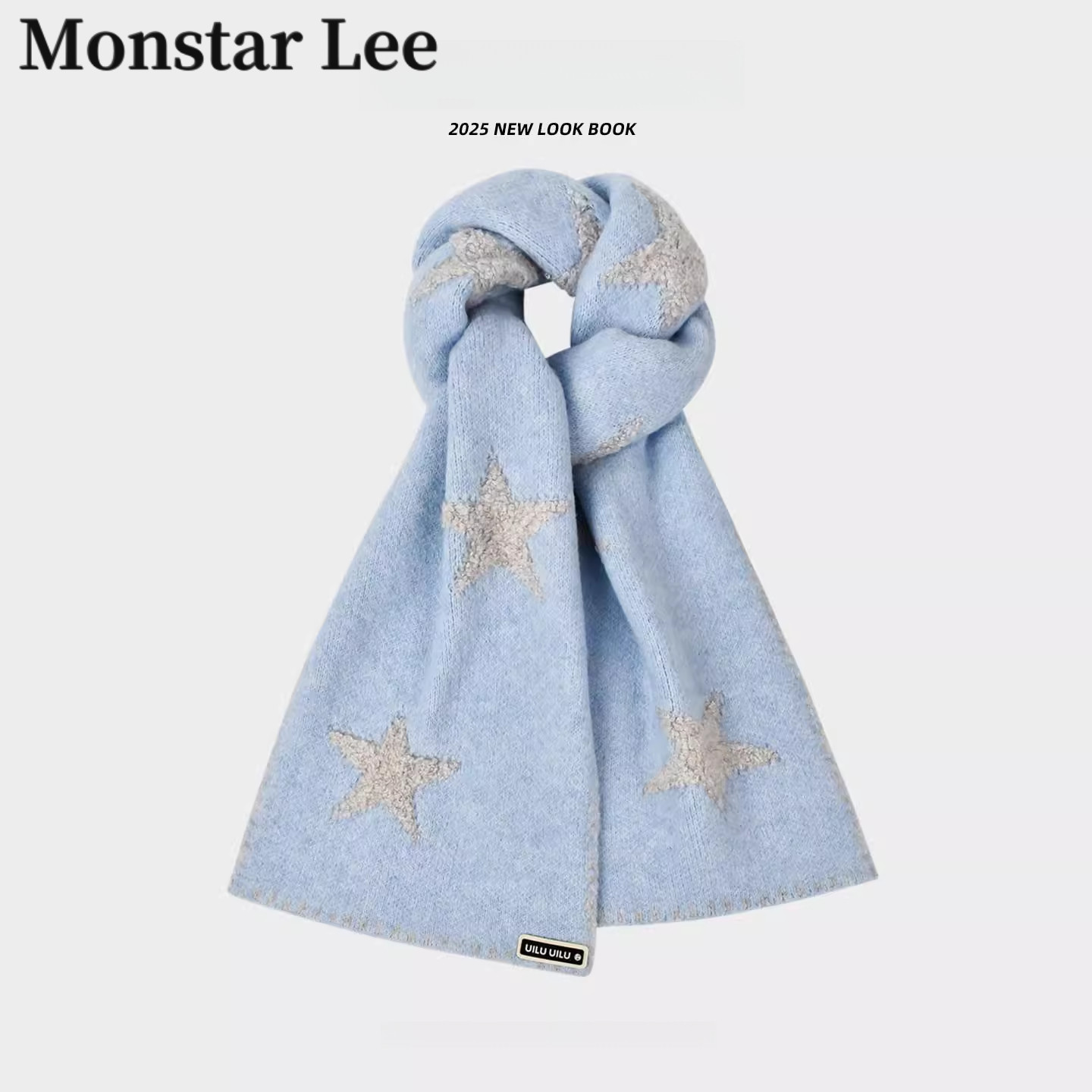 MonstarLee蓝色针织星星围巾女秋冬洋气含羊毛保暖围脖送闺蜜礼品
