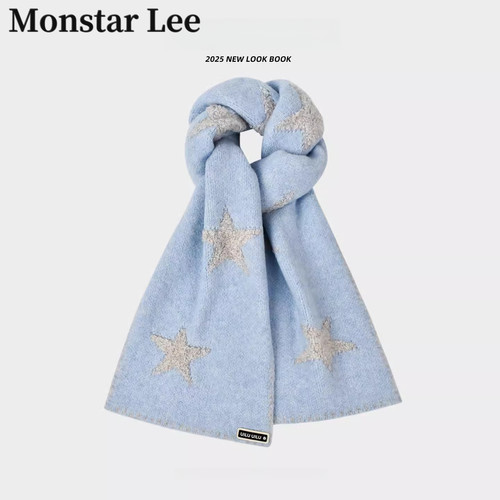 MonstarLee蓝色针织星星围巾女秋冬洋气含羊毛保暖围脖送闺蜜礼品