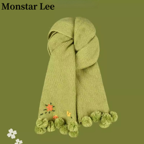 MonstarLee设计师款刺绣小花绿色针织围巾女冬保暖软糯风球球围脖