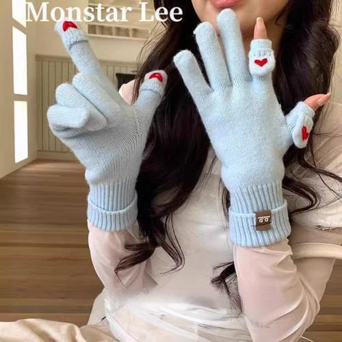MonstarLee含羊毛针织手套女冬季五指露两指可爱触屏爱心保暖骑行