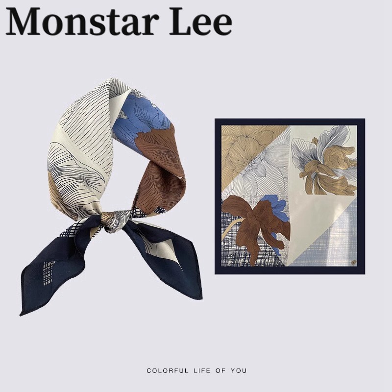 Monstar lee花漾蓝色真丝丝巾女薄系脖高级感桑蚕丝小方巾妈妈款