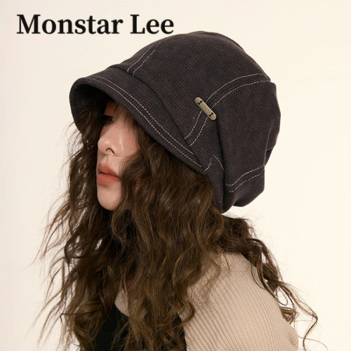 Monstar Lee美式复古素颜渔夫帽子女秋冬黑色显脸小包头堆堆冷帽
