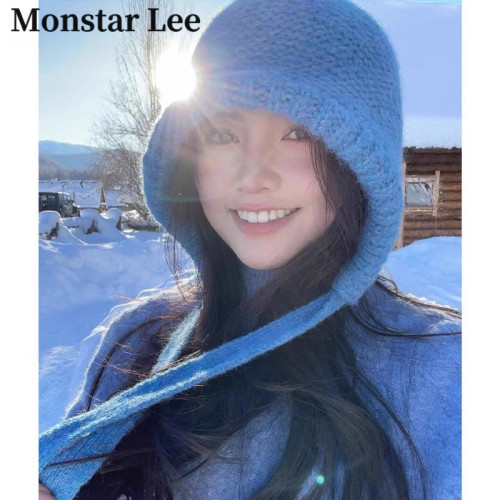 Monstar Lee蓝色毛线帽女冬保暖雷锋帽护耳针织复古巴拉克拉法帽