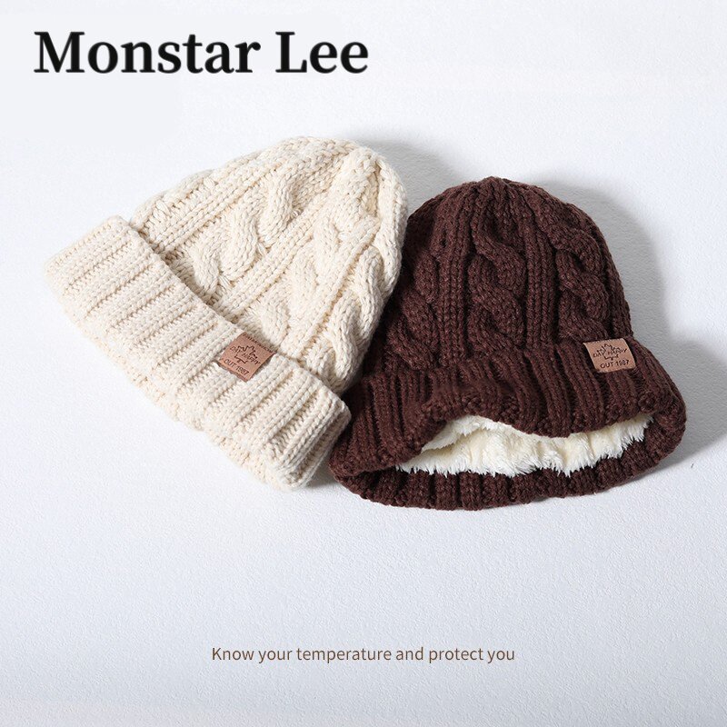 Monstar Lee情侣麻花纹加绒加厚粗毛线帽女冬保暖冷帽护耳针织帽