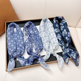 2026春秋普鲁士蓝色系小方巾女复古文艺装饰头巾领巾女透气小丝巾