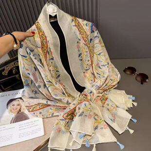 春秋薄款新款印花米色花朵棉麻纱巾防晒披肩围巾女海边沙滩巾丝巾