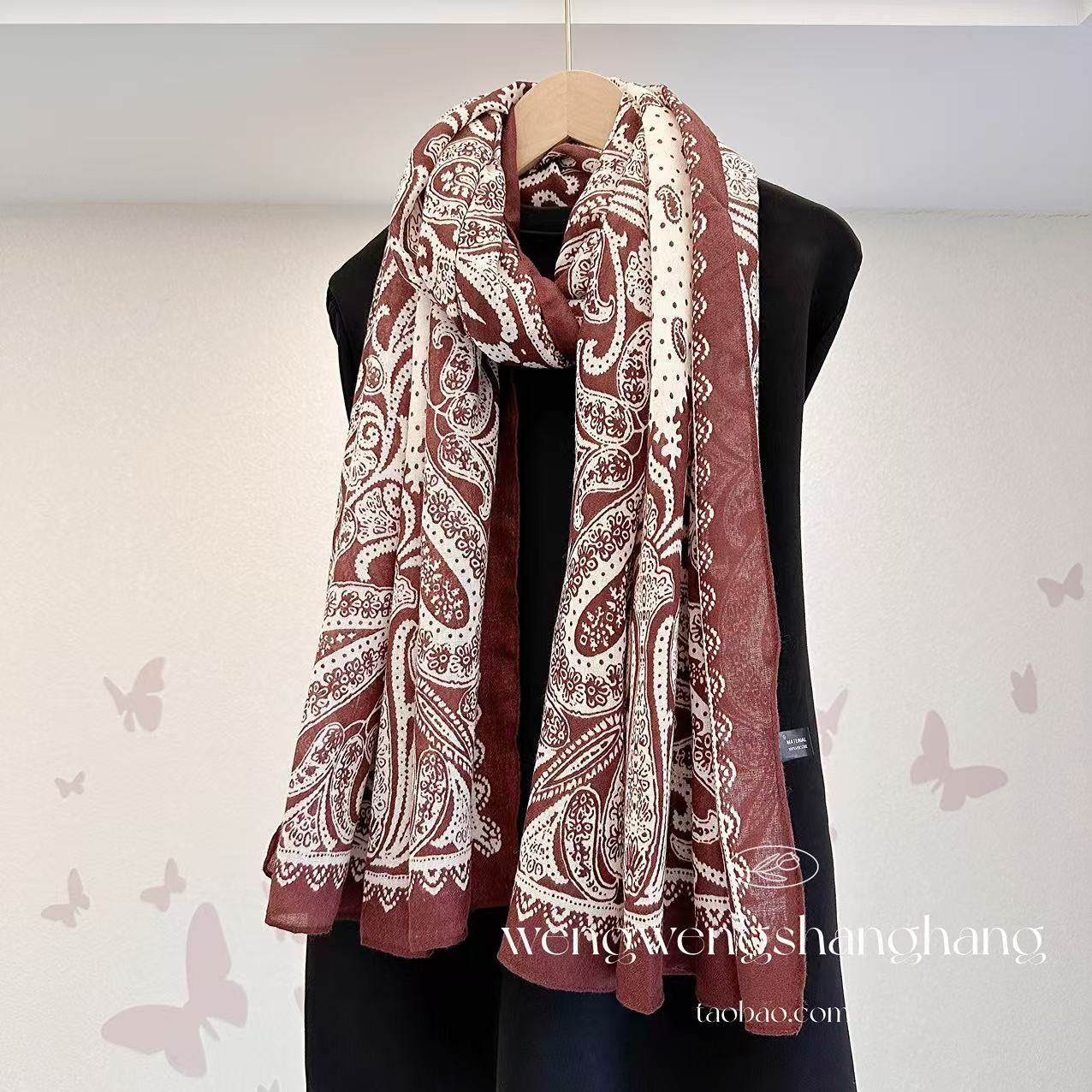 新款腰果花丝巾女长条棉麻围巾中老年高级感洋气披肩百搭时尚围脖