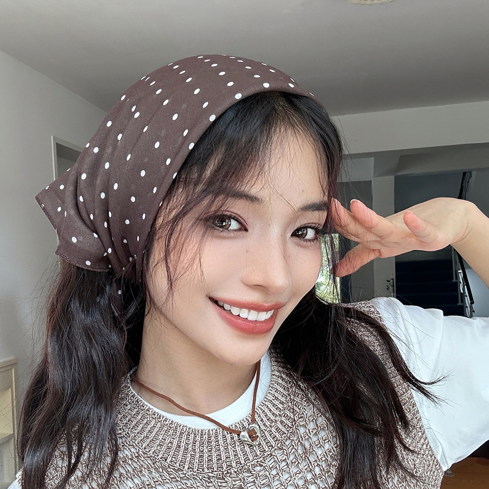 日系复古棉质波点小领巾发带女士棉麻护颈薄款小围巾装饰方巾头巾