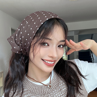 日系复古棉质波点小领巾发带女士棉麻护颈薄款小围巾装饰方巾头巾