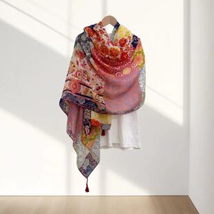 民族风围巾防晒披肩女云南青海草原旅游穿搭丝巾海边沙滩纱巾薄款