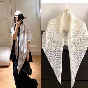 纯色冰丝针织镂空三角巾大披肩女夏季薄款空调房外搭围巾防晒罩衫