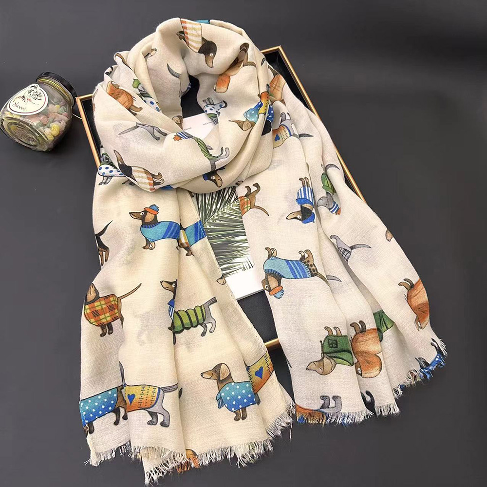 棉麻围巾女原创设计高级卡通狗狗可爱旅游度假防晒大披肩春夏新款
