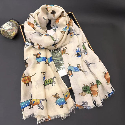 棉麻围巾女原创设计动物图案披肩