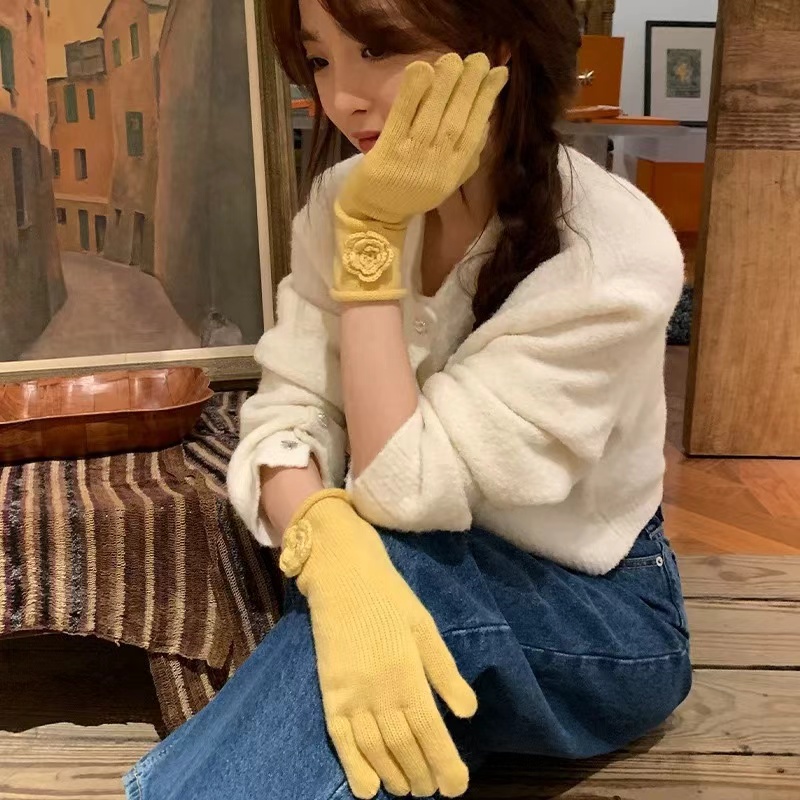 针织毛线纯色可触屏全包分指手套