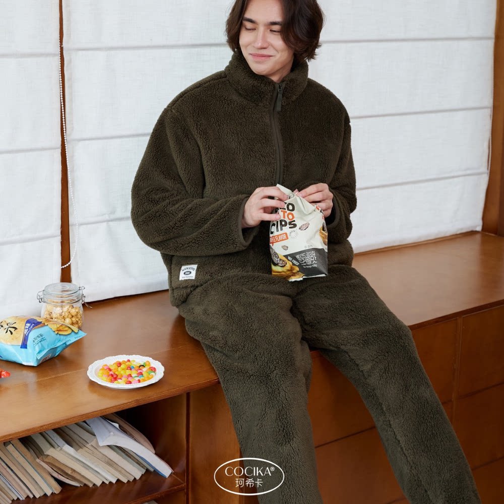 珂希卡冬季新款男士睡衣立领拉链套装珊瑚绒加厚保暖宽松家居服