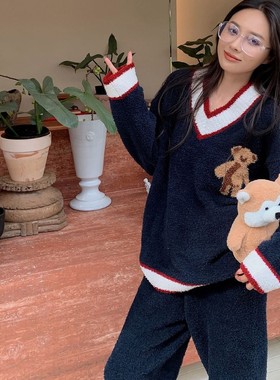 caca冬软绵绵半边绒睡衣女可爱卡通V领圣诞小熊学院风家居服套装