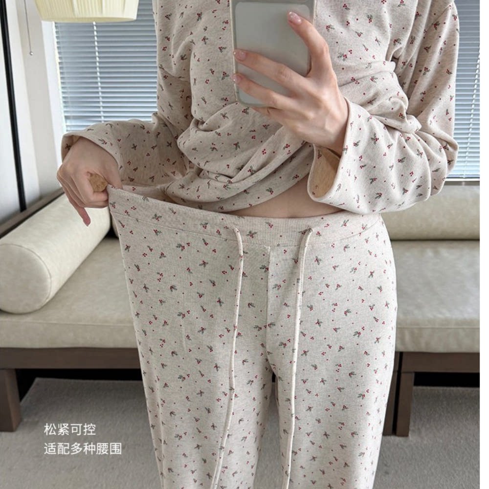 2026秋冬新款韩风横条磨毛睡衣女秋冬印花宽松圆领套头保暖家居服