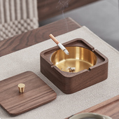 实木烟灰缸轻奢家用带盖子客厅卧室防飞灰办公室个性 潮流不锈钢定