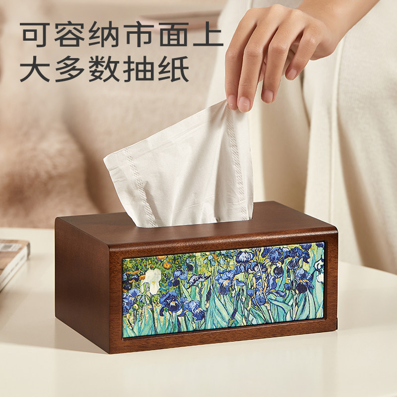 实木油画纸巾盒家用客厅创意高级餐桌抽纸盒轻奢办公室纸抽盒中式