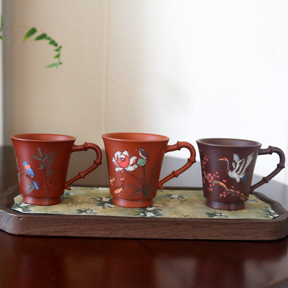 朱泥带把主人杯竹叶荷花小鸟品茗杯子宜兴紫砂茶器具精品正品送礼