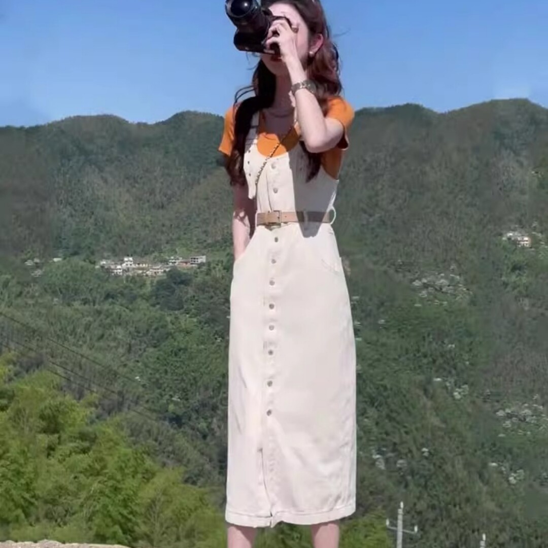 小个子背带裙夏季收腰显瘦韩系工装裙长款裙子夏天连衣裙两件套装