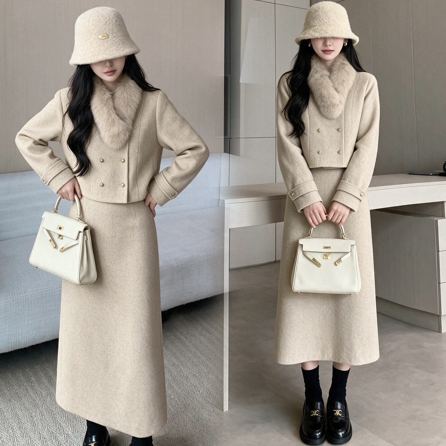 高级感小香风气质名媛套装女加厚秋冬毛呢外套包臀半身长裙两件套