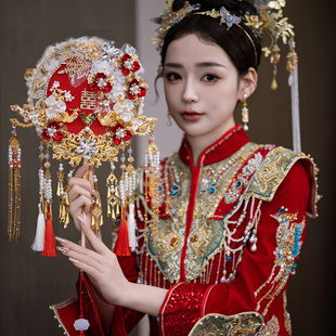 新娘结婚秀禾服团扇新中式双面成品遮面红色花朵金色成品DIY团扇