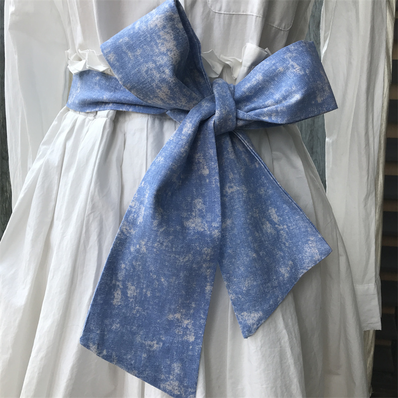 4色 仿扎染帆布腰带 硬挺棉麻 扎蝴蝶结飘带 甜美可爱女生款 蓝色