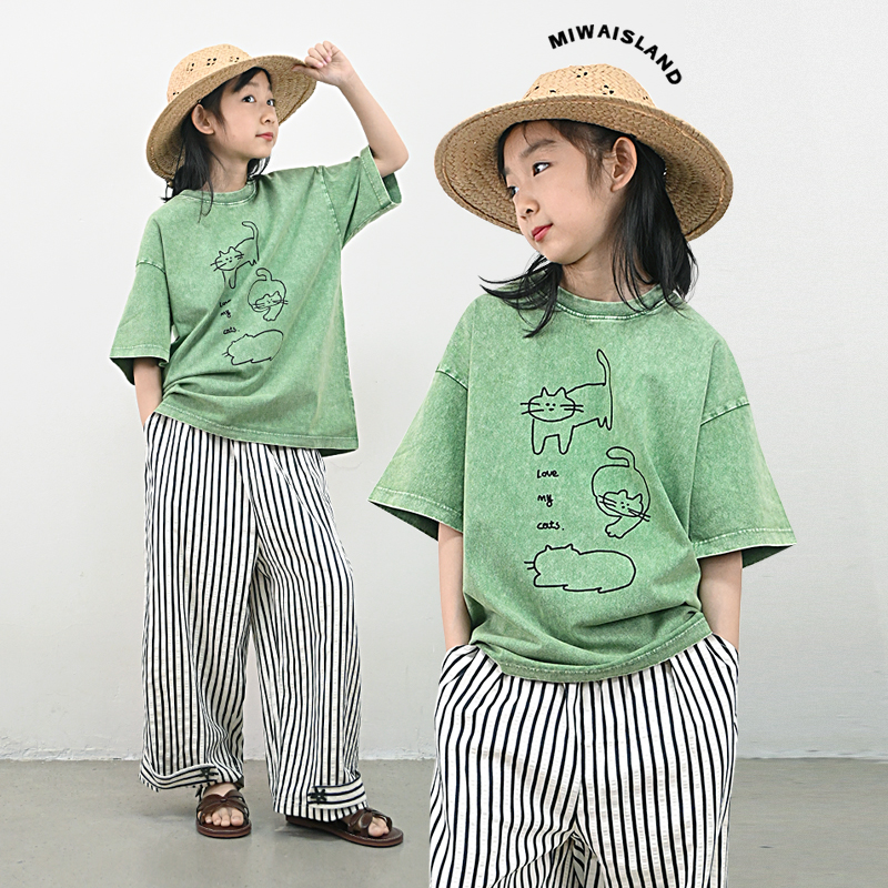 米花之岛夏季儿童T恤纯棉水洗做旧原创猫咪印花清新草坪绿短袖T