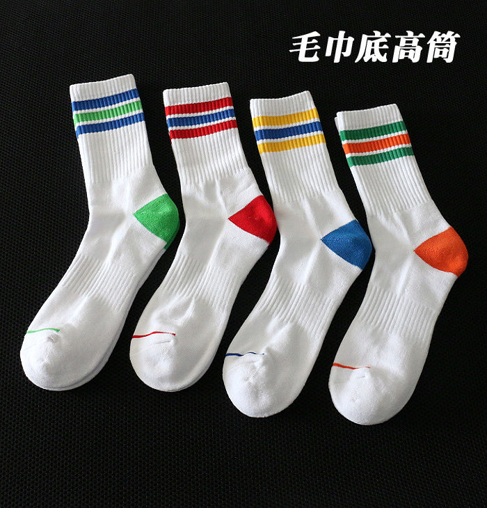 男士加厚篮球运动袜子纯棉毛巾底中筒高筒男袜街头嘻哈三杠潮袜