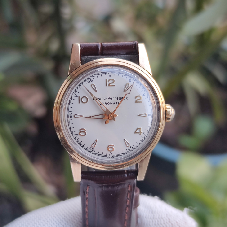 瑞士原装GP芝柏全自动机械手表皮带间金壳数字刻度大三针成色好