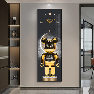 潮玩暴力熊玄关装饰画钟表电视背景墙长条挂画轻奢创意时钟壁灯画
