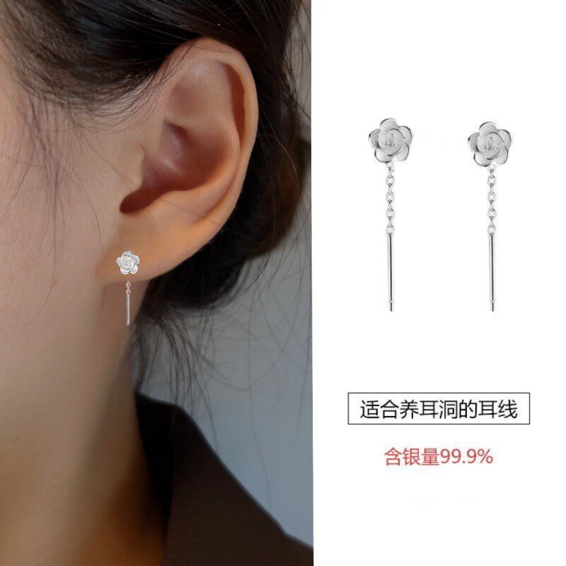 爱唯雅 S999足银山茶花耳线女短款养耳洞耳饰纯银睡觉免摘高级感