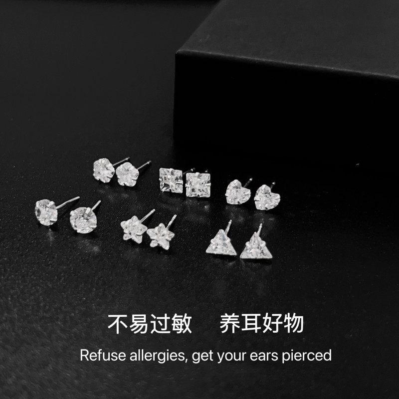 爱唯雅 999纯银锆石耳钉养耳洞水钻耳饰防堵针钻石耳针男女小银饰