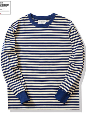 新品OKONKWO 280克男式棉重磅细条纹长袖T恤海魂衫阿美咔叽