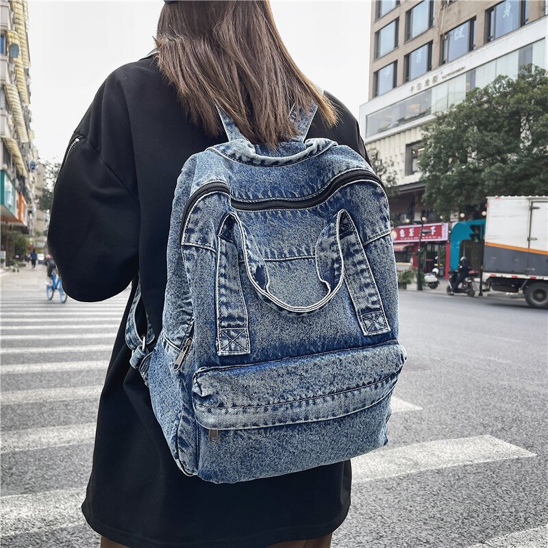 水洗牛仔书包女复古森系帆布双肩包韩版原宿高中大学生休闲背包女