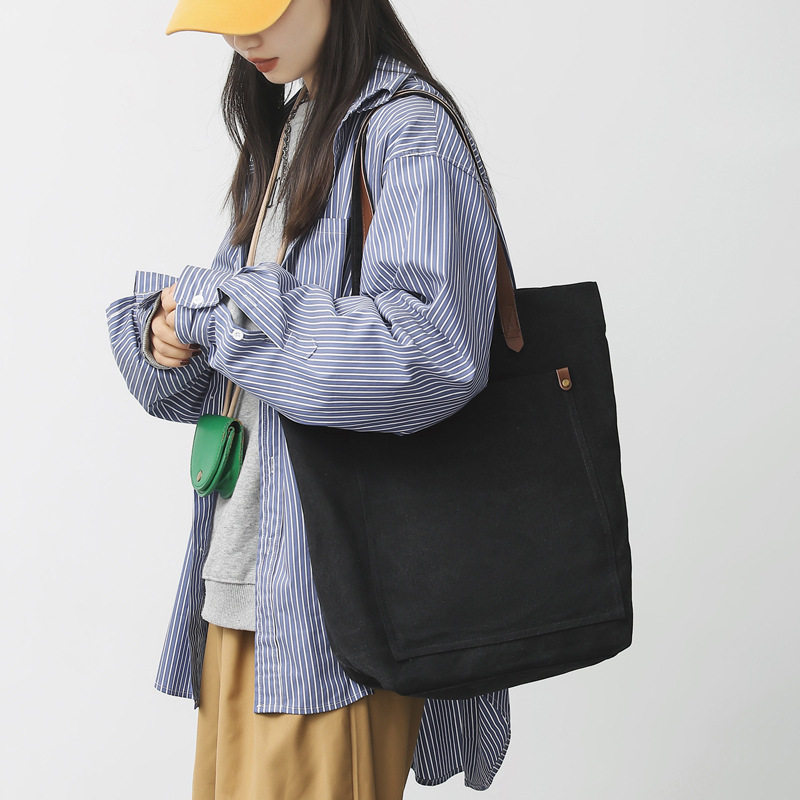 复古原宿帆布大容量单肩女托特包