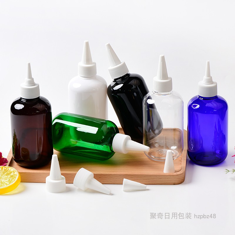 200ml矮胖尖嘴盖塑料瓶 化妆品分装瓶黑白棕蓝绿色透明PET瓶 包材