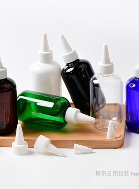 200ml矮胖尖嘴盖塑料瓶 化妆品分装瓶黑白棕蓝绿色透明PET瓶 包材