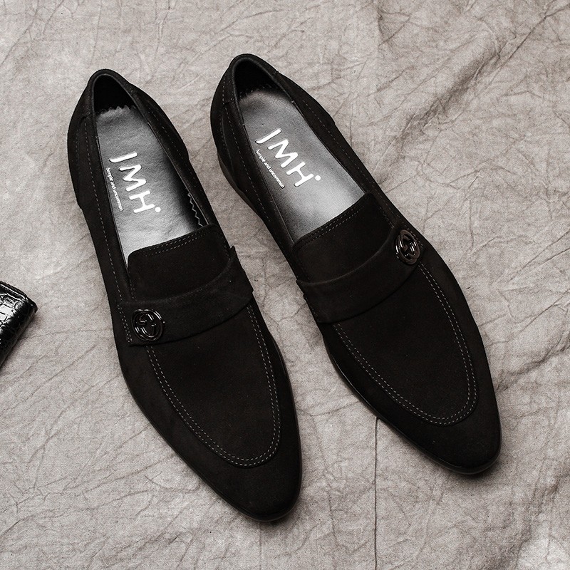 乐福鞋男真皮尖头一脚蹬男鞋百搭磨砂反绒皮尖头休闲皮鞋男懒人潮